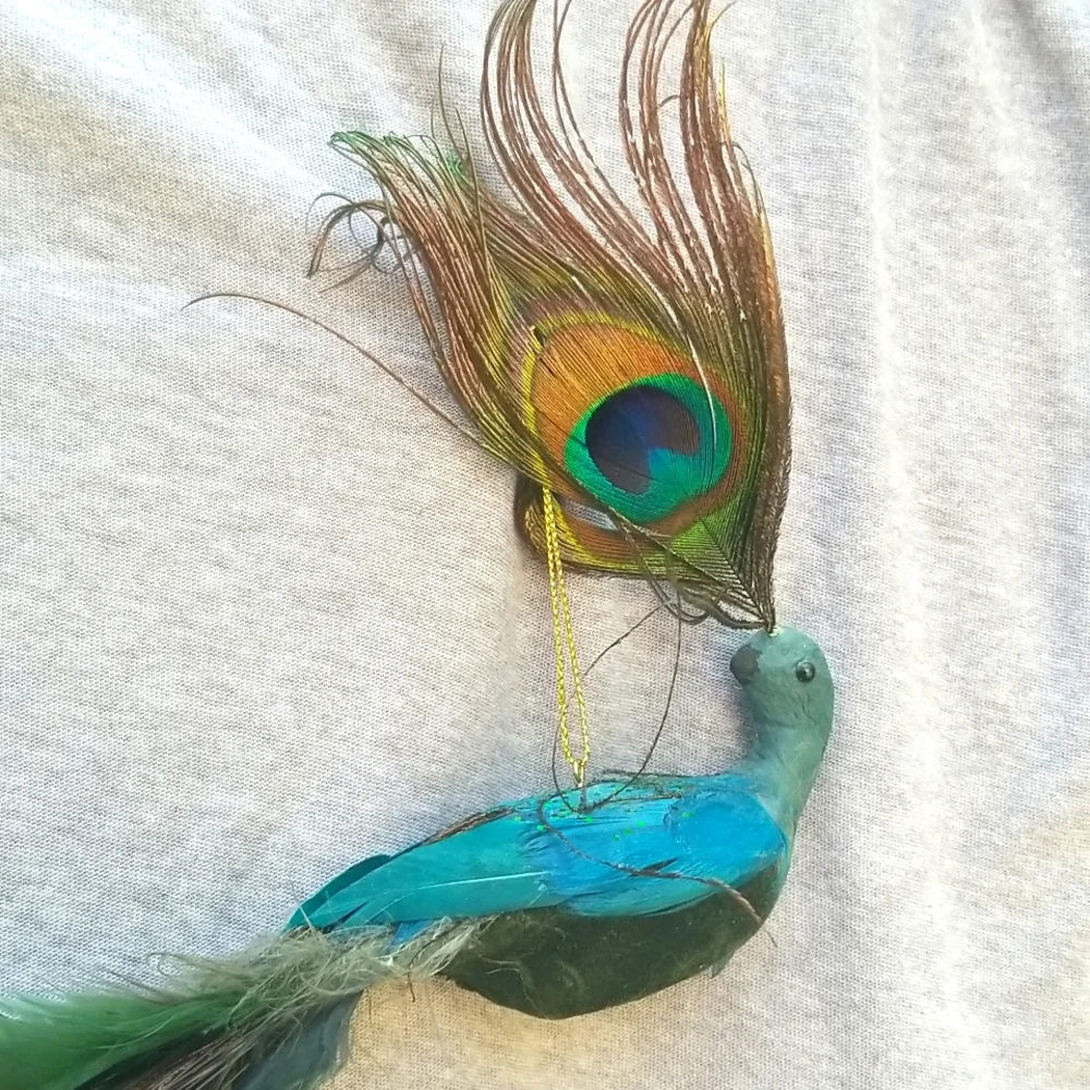 Peacock Figurine With Real Feathers Boho Glam Add On Gift Decor Boho Cottage New